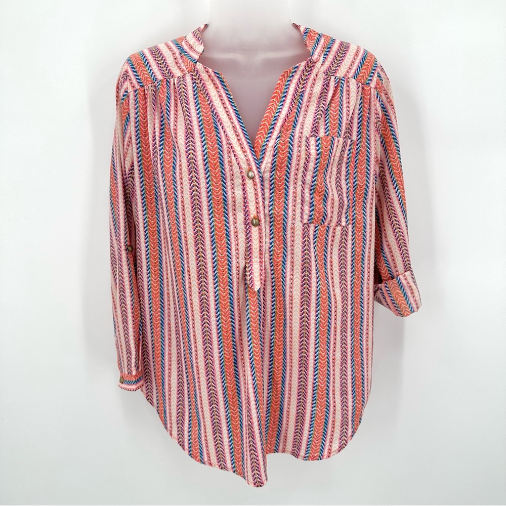 Karlie Top Womens S Herringbone Stripe Vneck Blouse Roll Tab Sleeve Pullover